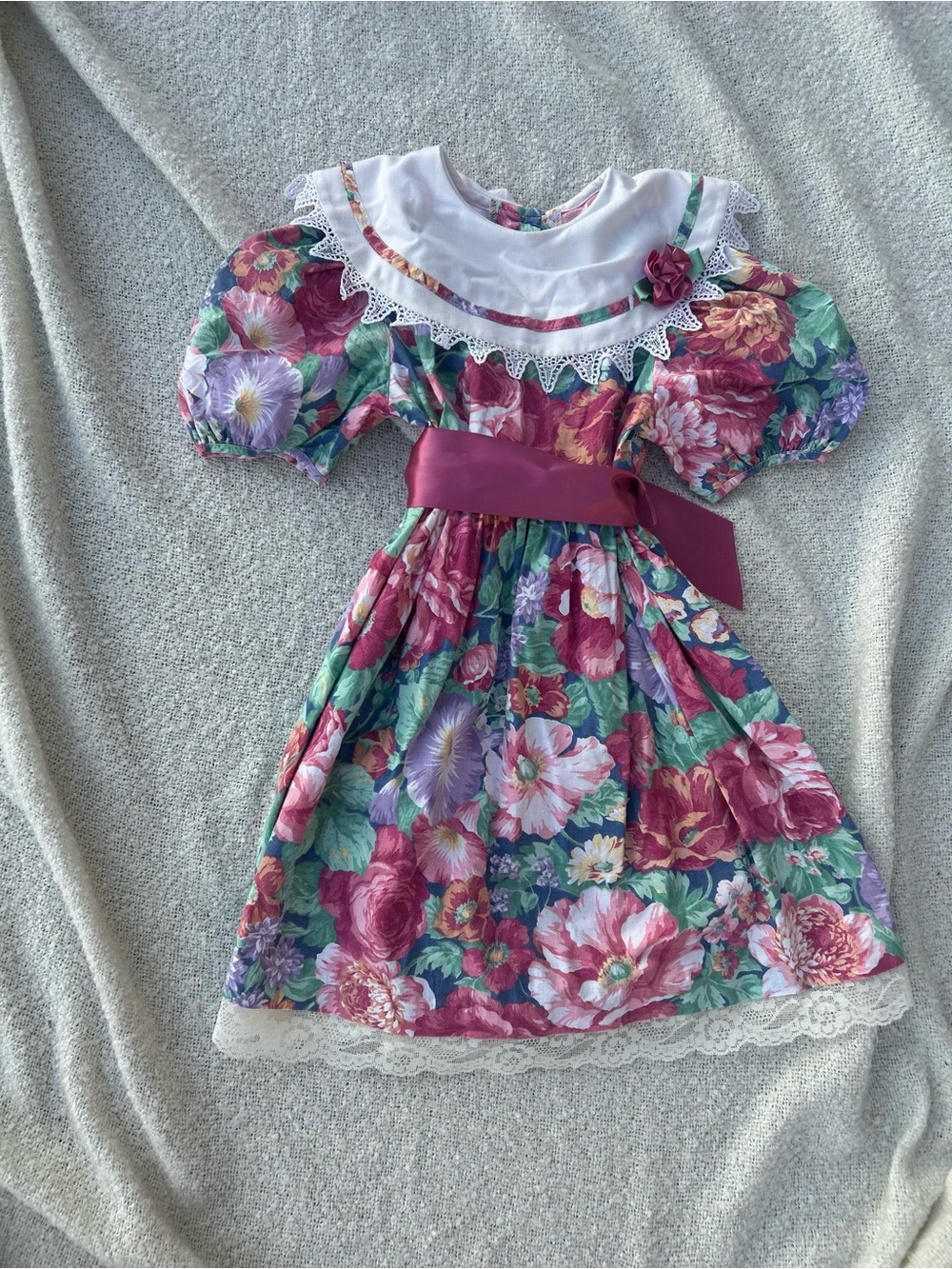 Bonnie Jean Floral Dress with White Lace Collar - Pink, Green, Purple